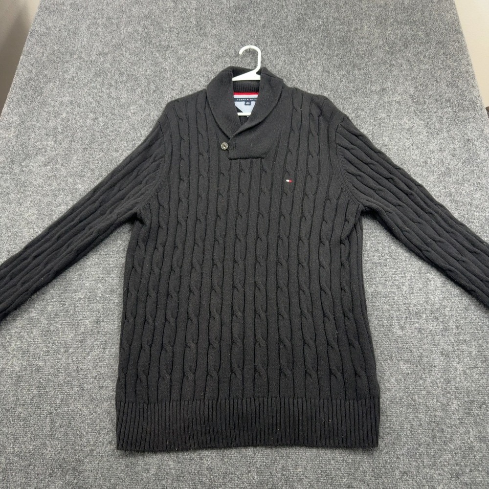 Tommy Hilfiger Sweater Mens XL Black Cotton Blend Cable Knit Shawl Neck Preppy